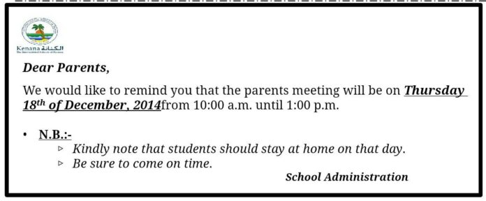 Parents meeting will be on Thursday 18th of December, 2014