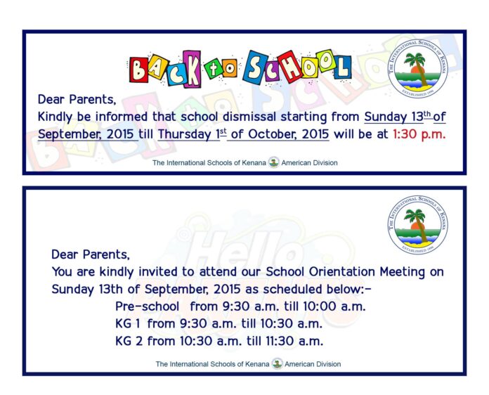 School Orientation Meeting on Sunday 13th of September, 2015